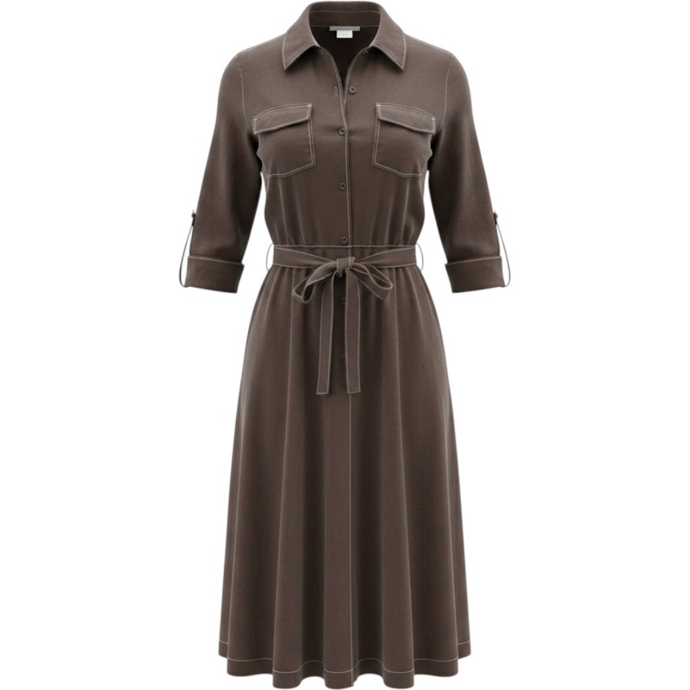 Merona Safari Brown Linen Cotton Shirt Dress Granola Contrast Stitch Belted - XS